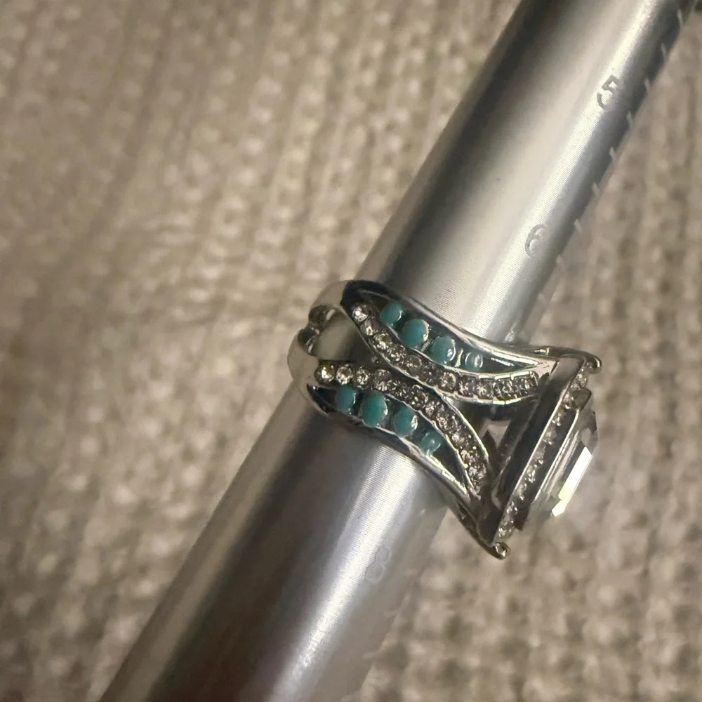 Silver Tone Square Halo Ring Size7 Clear & Teal Stones